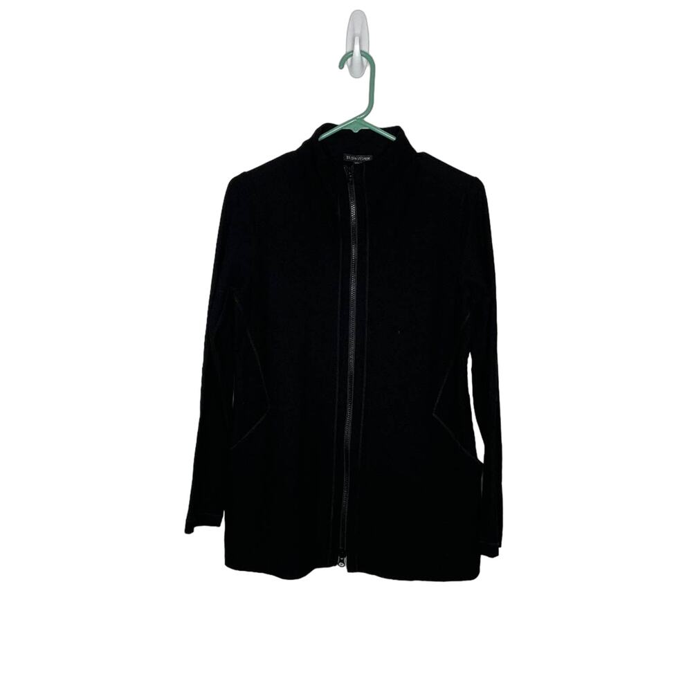 Eileen Fisher Black Full Zip Mock Neck Knit Jacket XS Side Pockets Long Sleeve
